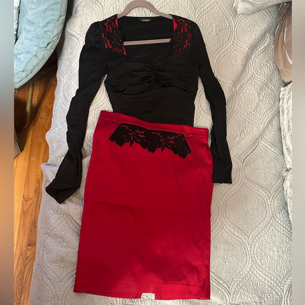 Elegant Red and Black Lace Matching Skirt and Top